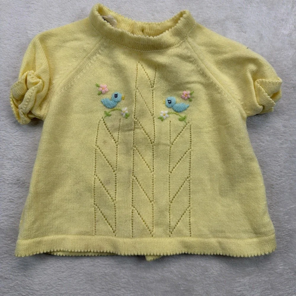 Vintage A Little Angel Baby Girl Yellow Knit Sweater 12M Embroidered Birds